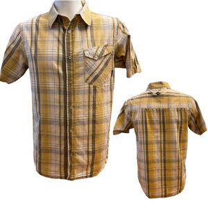 PrAna Button Up Shirt Mens Yellow Brown Plaid Short Sleeve Sz M